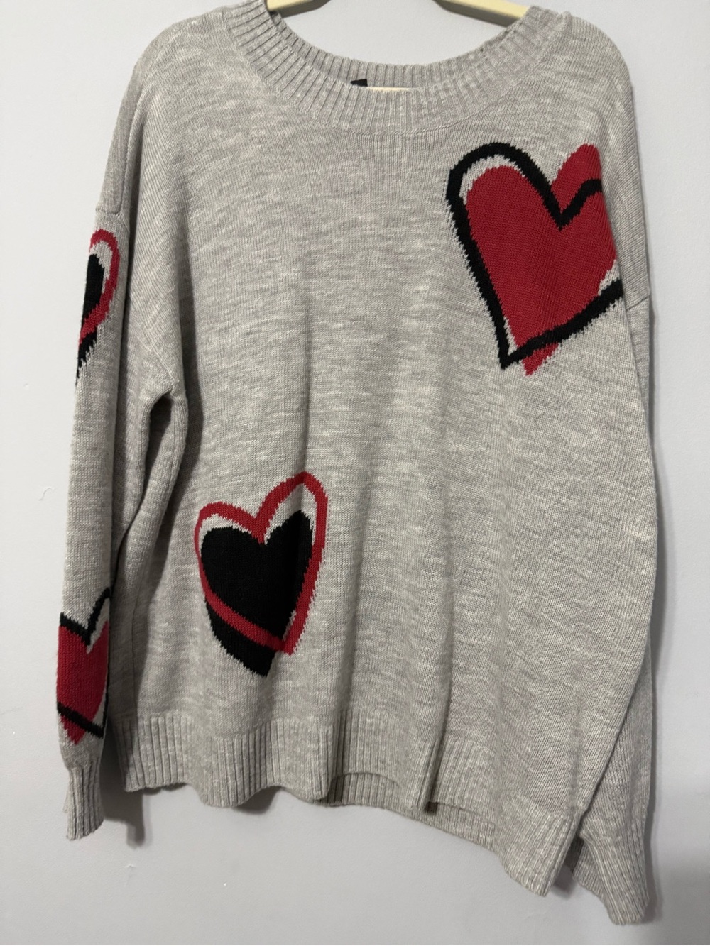 torrid Light Gray Crewneck Sweater with Red and Black Heart Intarsia